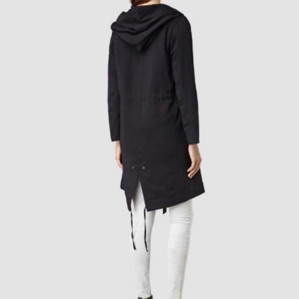 ALL SAINTS Pelya Trench Coat Black Draped Wrap Hoodie Long Sleeves Sz 4